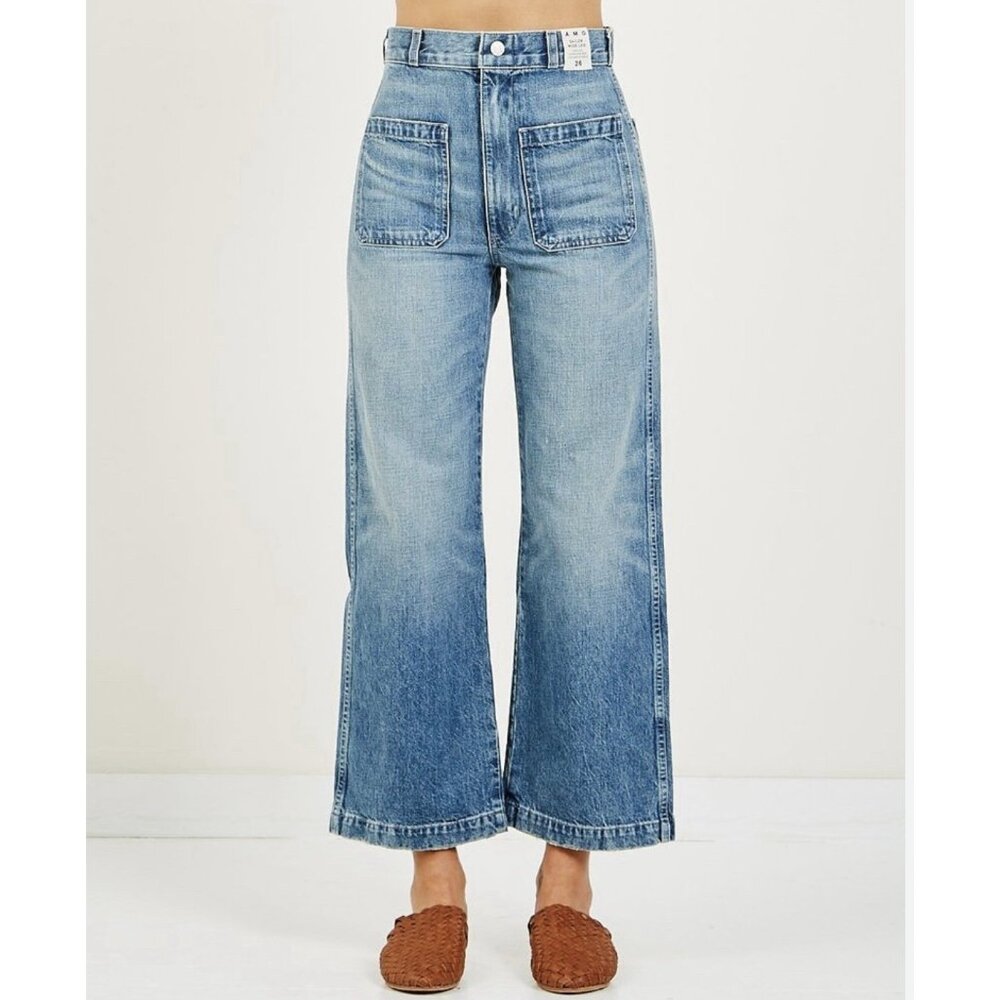 AMOSailor Wide Leg Jeans Womens L Cropped High Rise Patch Pockets Denim Stretch